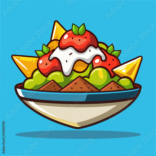 A vibrant plate of nachos.  loaded with guacamole.  salsa.  sour cream.  and tortilla chips. Perfect appetizer for any occasion!