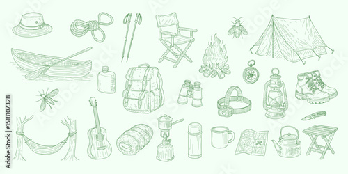 A drawing of various camping items such as tents, backpacks, and chairs. The drawing is in green and has a casual, relaxed vibe