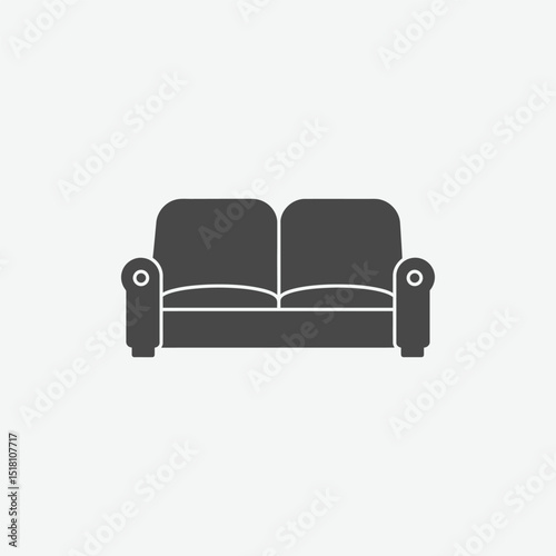 Flat, minimalist icon of a modern two-seat couch in dark gray with smooth curves and padded arms. Ideal for furniture apps, catalogs, or interior design visuals.