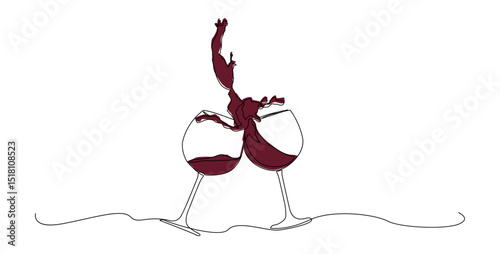 Elegant one line drawing of two wine glasses clinking with dramatic splash effect. Perfect for celebration themes, romantic occasions etc.