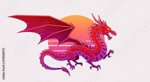 Wallpaper Mural A vibrant red dragon with large wings and intricate scales stands against a stylized sunset, showcasing a blend of fantasy and digital art - awesome dragon drawings Torontodigital.ca