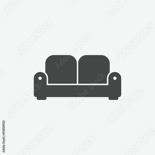 Flat, minimalist icon of a modern two-seat couch in dark gray with smooth curves and padded arms. Ideal for furniture apps, catalogs, or interior design visuals.