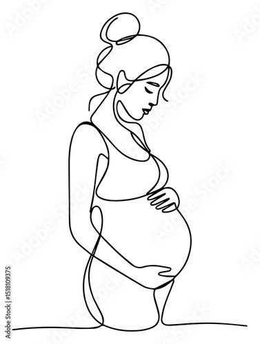 A pregnant woman hand-drawn without interrupting the movement of a line on a white isolated background. Vector graphics. EPS.