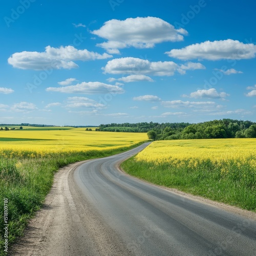 Summer landscape road among the field, Empty road summer landscape. Generative AI illustration