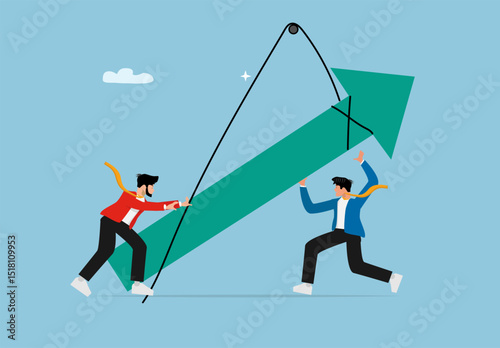 Two Businessmen Collaborating to Raise Upward Arrow Chart. Teamwork Concept for Growth, Success, and Business Progress