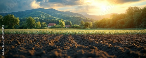 Landscape of field and rural house distance, horizontal format, summer agricultural landscape. Plowed land farm, generative AI illustration