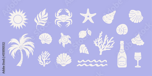 Hand-drawn vector boho summer icons in a groovy vintage style—palm, turtle, sun, sea, shells, crab, champagne, and wine glass—perfect for travel prints, posters, logos, and vacation-themed designs.