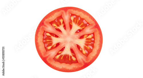 Top-down view of a sliced tomato cross-section, isolated on a clean white background