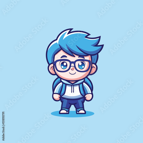 Chibi style tiny boy with glasses and backpack vector illustration
