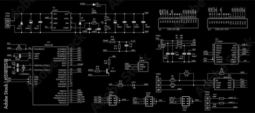 Schematic diagram of electronic device.
Vector technical drawing electrical circuit with 
microcontroller, resistor, capacitor,
integrated circuit, usb connector, diode,
transistor, other components.
