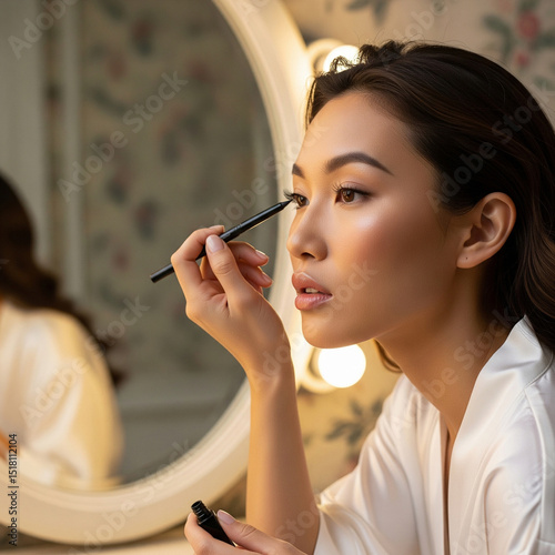 Doing her own makeup, a beautiful woman carefully applies eyeliner, reflected in a bright vanity mirror.