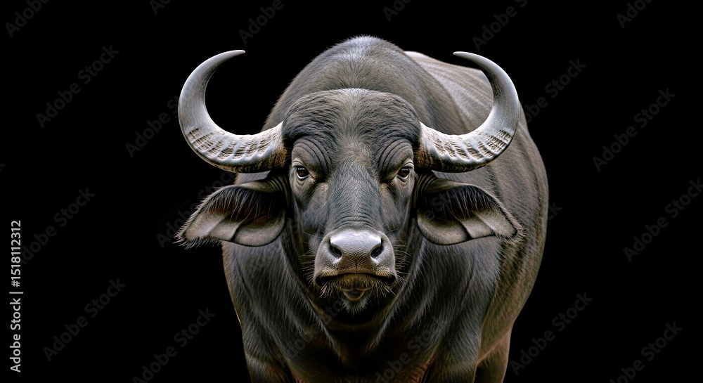 Naklejka premium Indian Buffalo Black Portrait View Majestic Animal Black Background Detail