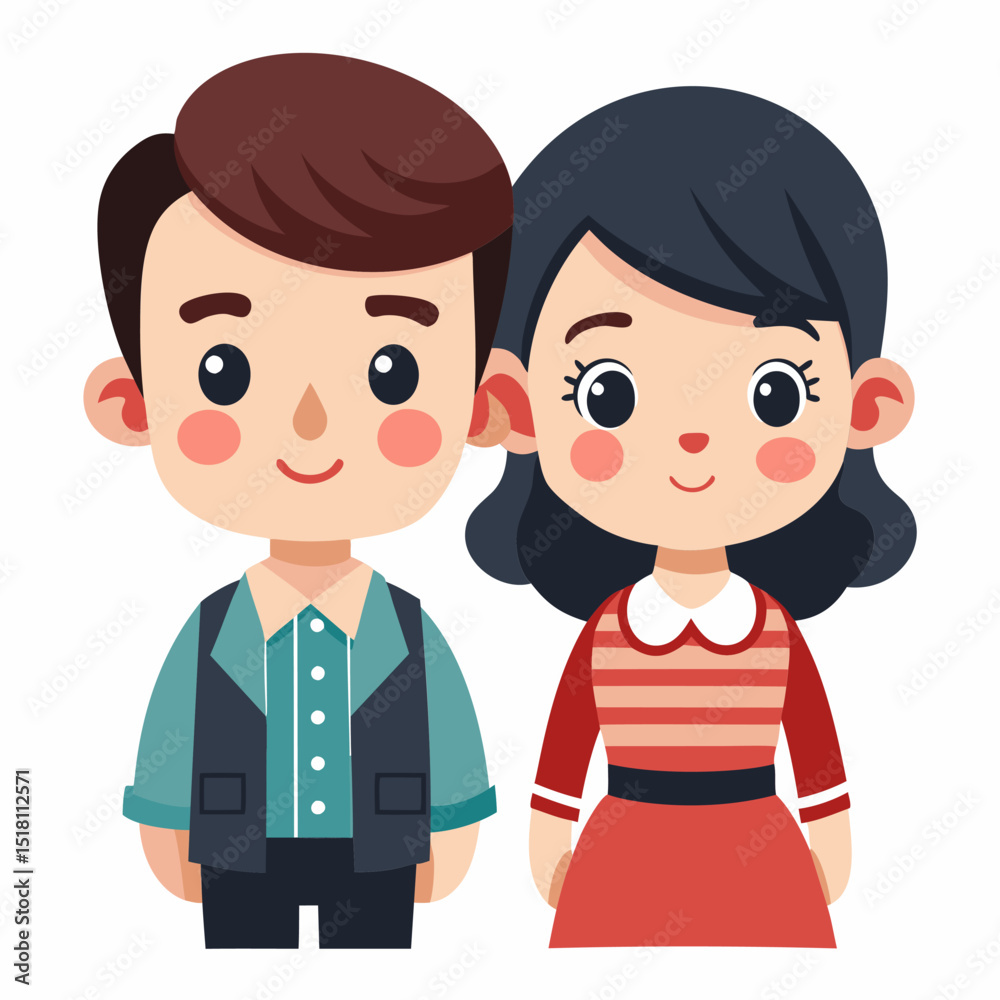 Naklejka premium Adorable Cartoon Couple Illustration. Happy Boy and Girl Together
