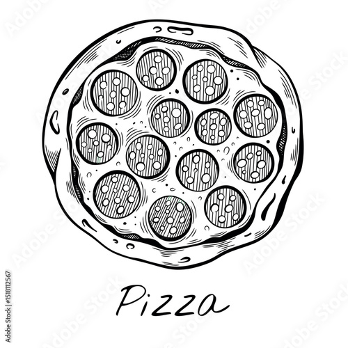 Handdrawn pepperoni pizza illustration in vintage engraving style. Monochrome food sketch perfect for menu design. Traditional Italian fastfood artwork.