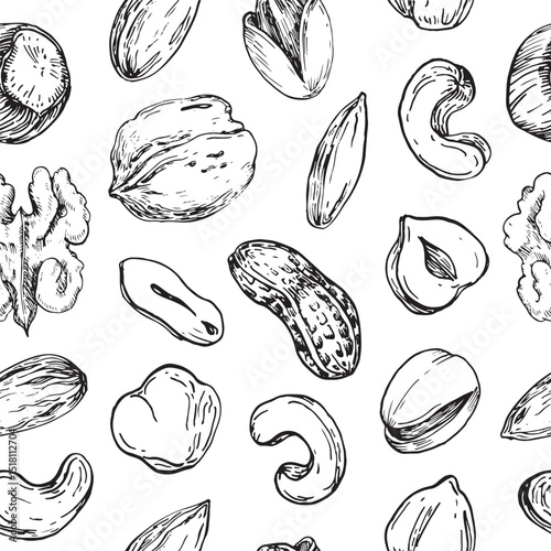 Nuts seamless vector pattern hand drawn with ink. Ornament of graphic elements with kernels and nutshells of cashew, pistachio, hazelnut and peanut. Template for label and textile design