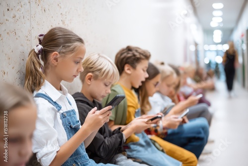School youth in the corridor use smartphones and social media en masse, internet addiction in children
