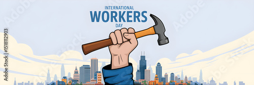 International Workers Day Illustration – Raised Fist with Hammer and City Skyline