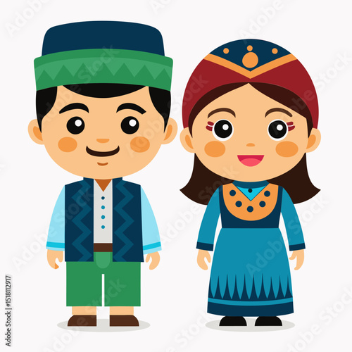 Uzbek Traditional Clothing.  A Colorful Illustration of a Young Couple in National Dress