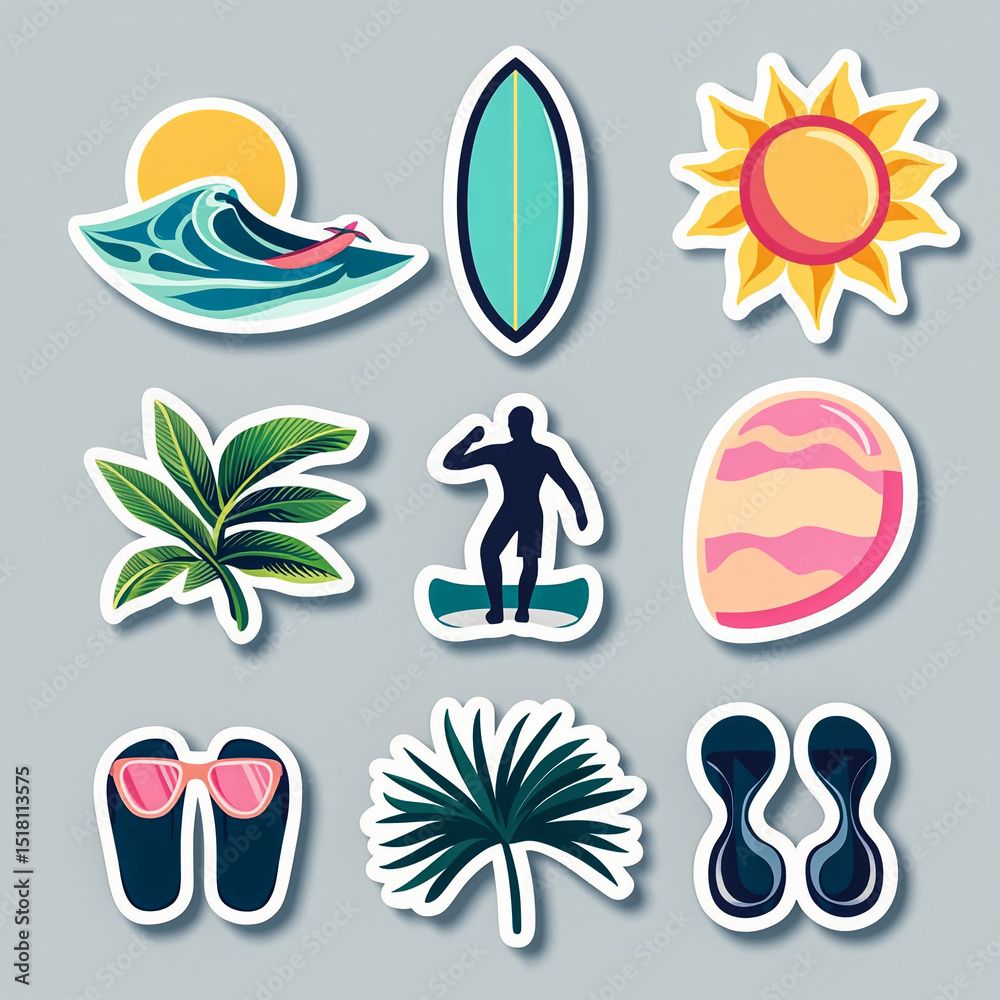 Naklejka premium Surfing Stickers, Icons - Set Vector Collection Isolated on neutral Background. Surf Lifestyle: Surfboard, Wave, Surfer Silhouette, Beach hat, Sun Sunglasses. Easy PNG