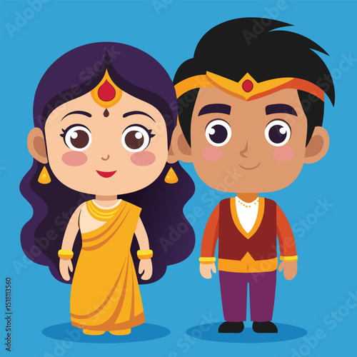 Adorable Cartoon Indian Couple in Traditional Attire