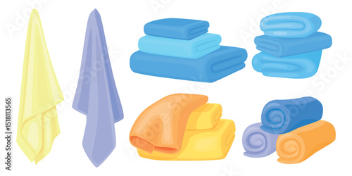 Set of colored towels in cartoon style. Vector illustration of towels for bathroom hygiene procedures: hanging, folded, rolled up isolated on white background. Yellow, blue, orange bath towels.
