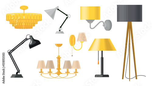 Set of modern lighting fixtures in cartoon style. Vector illustration: chandeliers, floor lamps, table lamps hanging, folded, rolled up, isolated on white background. Electric wall and table lamps.