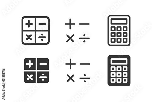 Calculator icon set. Business, financial symbol. Shopping concept. Outline and flat solid vector illustration isolated.