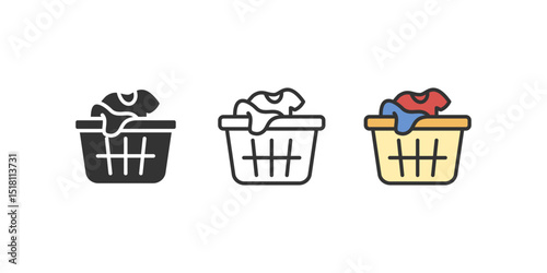 Laundry basket with dirty clothes icon. Household concept, hygiene symbol, pile of shirts. Outline, flat solid and colored vector illustration isolated.