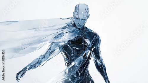 A humanoid figure rendered in a chrome blue, with a translucent blue fabric flowing from its shoulders, posed in a dynamic stance against a white background