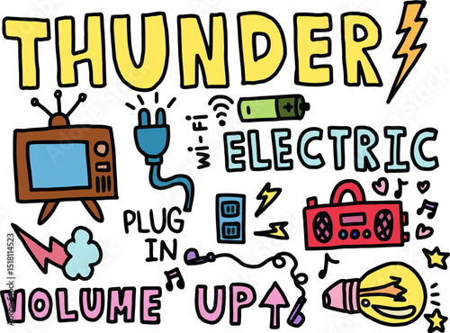 Cute hand drawn illustrations of thunder letters, television, battery, plug, radio, music melody, light bulb, wifi for cartoon, sticker, decoration, icon, home appliance, electricity, patch, brooch

