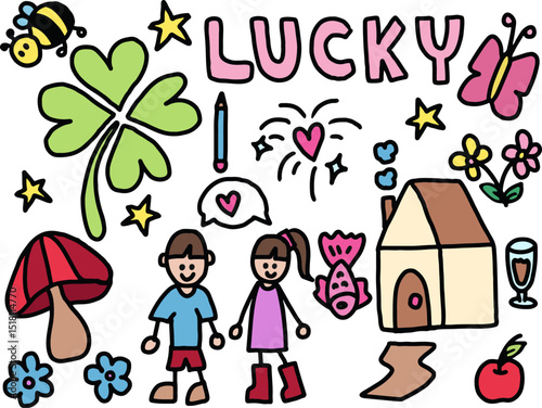 Cute hand drawn illustrations of clover leaf, mushroom, home, kids, fish, lucky letters, butterfly, flowers, apple, star for cartoon, characters, comic, stickers, decoration, font, patch, brooch, icon