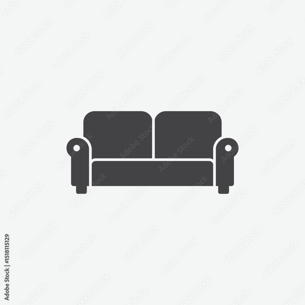 Flat, minimalist icon of a modern two-seat couch in dark gray with smooth curves and padded arms. Ideal for furniture apps, catalogs, or interior design visuals. Flat, minimalist icon of a modern two-seat couch in dark gray with smooth curves and padded arms. Ideal for furniture apps, catalogs, or interior design visuals.