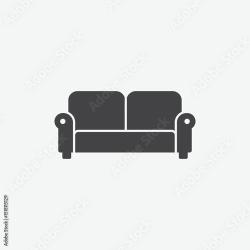Flat, minimalist icon of a modern two-seat couch in dark gray with smooth curves and padded arms. Ideal for furniture apps, catalogs, or interior design visuals.