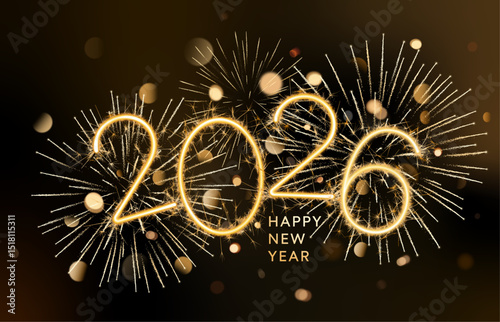 2026 fireworks card, gold sparkler number, New Year poster