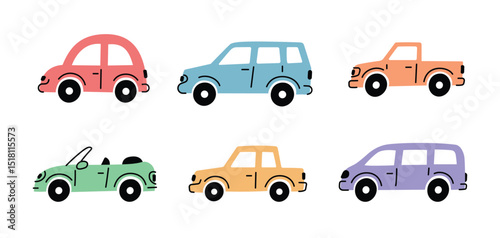 Set of six colorful car illustrations in flat, hand drawn style, including sedan, SUV, pickup, convertible, and minivan. Perfect for kids, transport themes, or playful design elements.