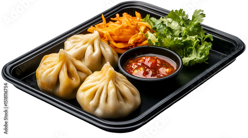 Plate of Nepalese chicken momos and its achar (sauce)
