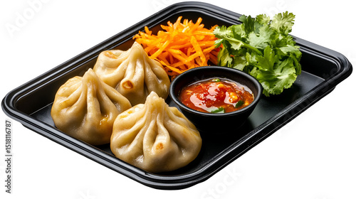 Plate of Nepalese chicken momos and its achar (sauce)