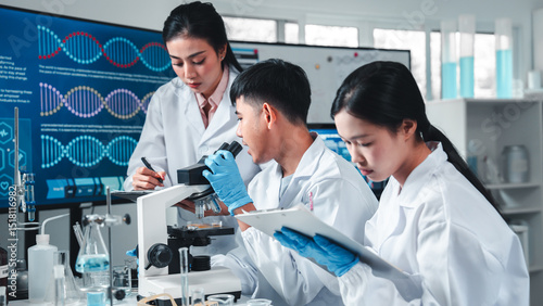Group of young scientists in lab coats collaborate in a high-tech laboratory, analyzing samples through a microscope and documenting results, symbolizing innovation, teamwork, and modern research.