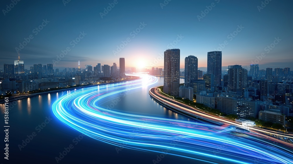 Fototapeta premium Aerial view of futuristic Tokyo cityscape with blue sky and sun rays, showcasing digital technology innovations and realistic daylight perspective featuring motion-blurred cars on bridge over river.