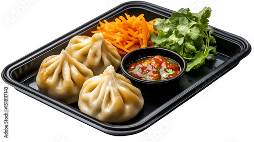 Plate of Nepalese chicken momos and its achar (sauce)