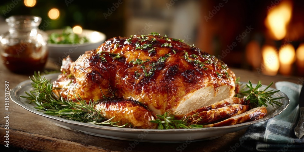 Fototapeta premium Roasted Chicken with Herbs on Rustic Wooden Table