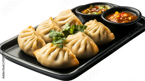 Plate of Nepalese chicken momos and its achar (sauce)