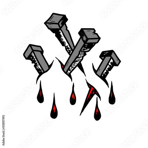 Symbolic Nail and Blood Drops Tattoo Art