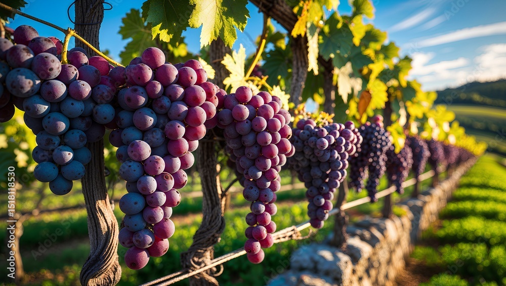 Naklejka premium A small vineyard with ripe grapes hanging from the vines