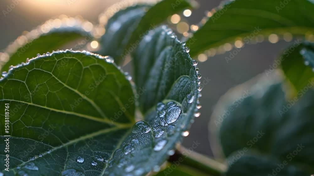 Dew-Kissed Leaves at Sunrise: Close-up of a Plant's Lush Foliage Dew-Kissed Leaves at Sunrise: Close-up of a Plant's Lush Foliage