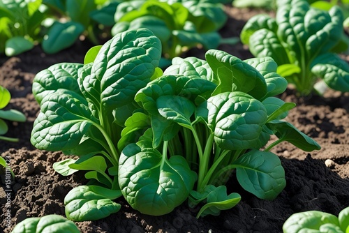 A fresh, vibrant green spinach growing in fertile soil under natural sunlight.