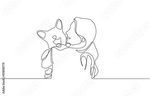 Continuous line drawing of happy pet lover with dog vector illustration, Single line drawing vector illustration with editable stroke of happy pet lover with dog linear isolated on white background.