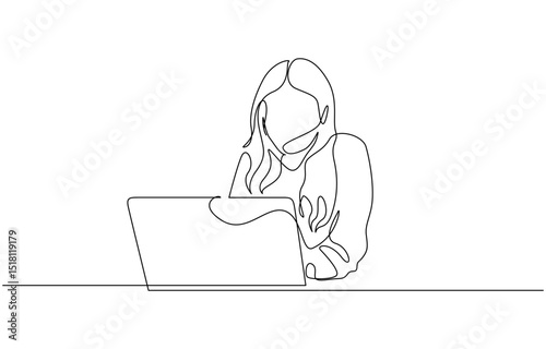 Continuous one single line drawing Happy professional young business woman using laptop, Communication and work on the Internet. isolated on a white background.