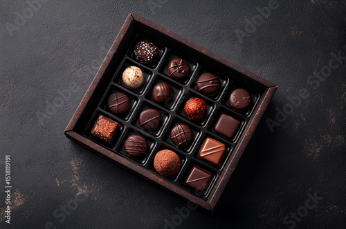 Assorted gourmet chocolate box featuring various shapes and textures, elegantly arranged in a dark wooden tray, showcasing rich flavors and artisanal craftsmanship