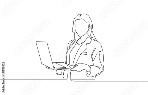Continuous one single line drawing Happy professional young business woman using laptop, Communication and work on the Internet. isolated on a white background.